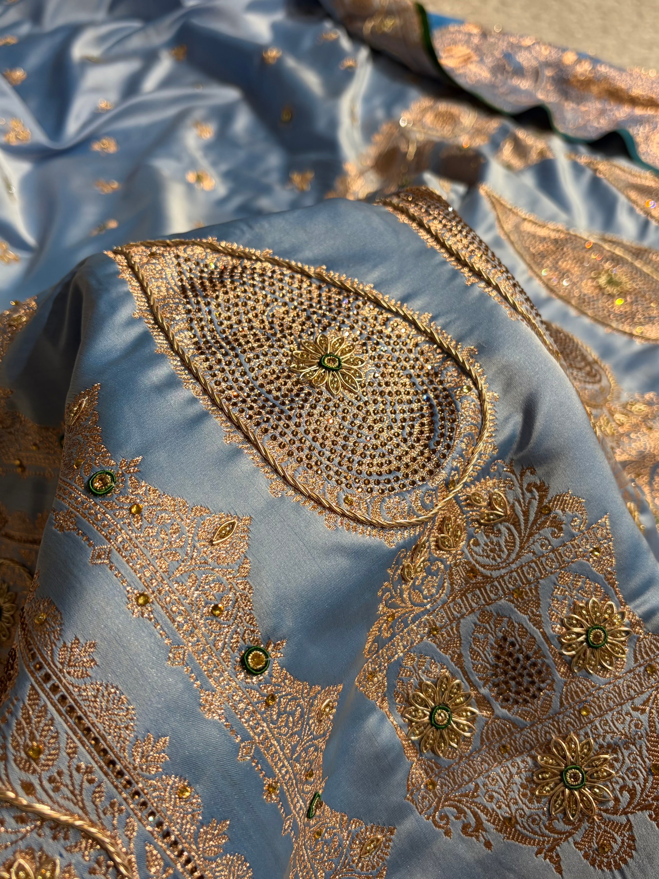 Sky Blue Shades Booti Katan Silk Saree with Stone & Zardozi Work BSK09