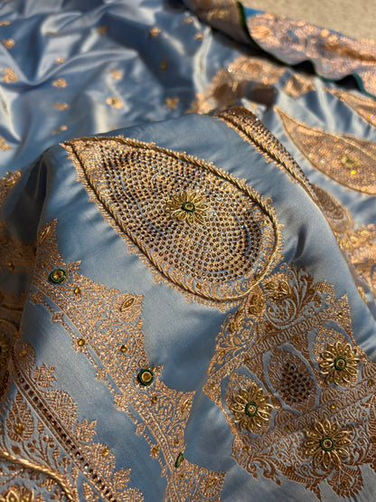 Sky Blue Shades Booti Katan Silk Saree with Stone & Zardozi Work BSK09