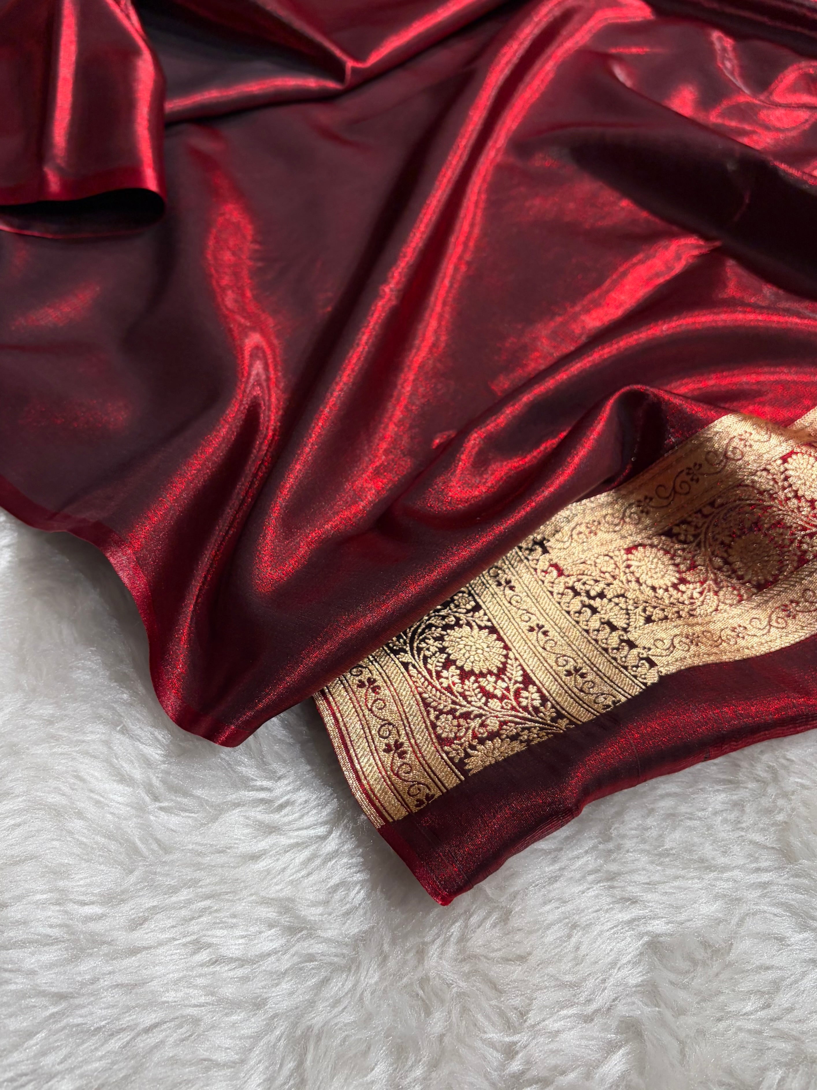 Maroon Shades Cross Pattern Banarasi Satin Silk Saree SS39