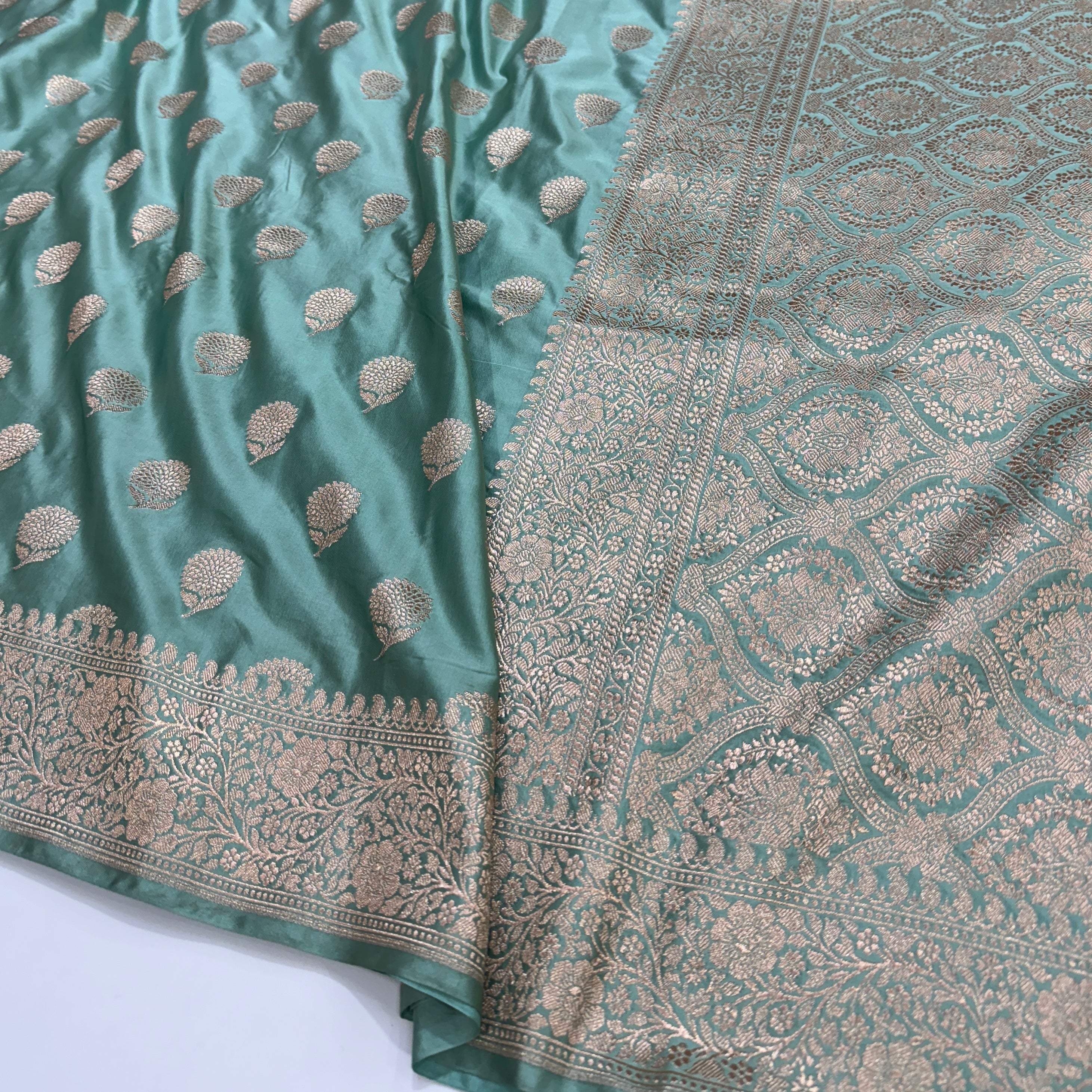 Aqua Blue Tree Motif Mashru Silk Saree