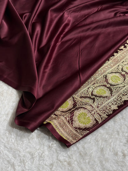 Garnet Banarasi Minakari Booti Satin Katan Silk saree