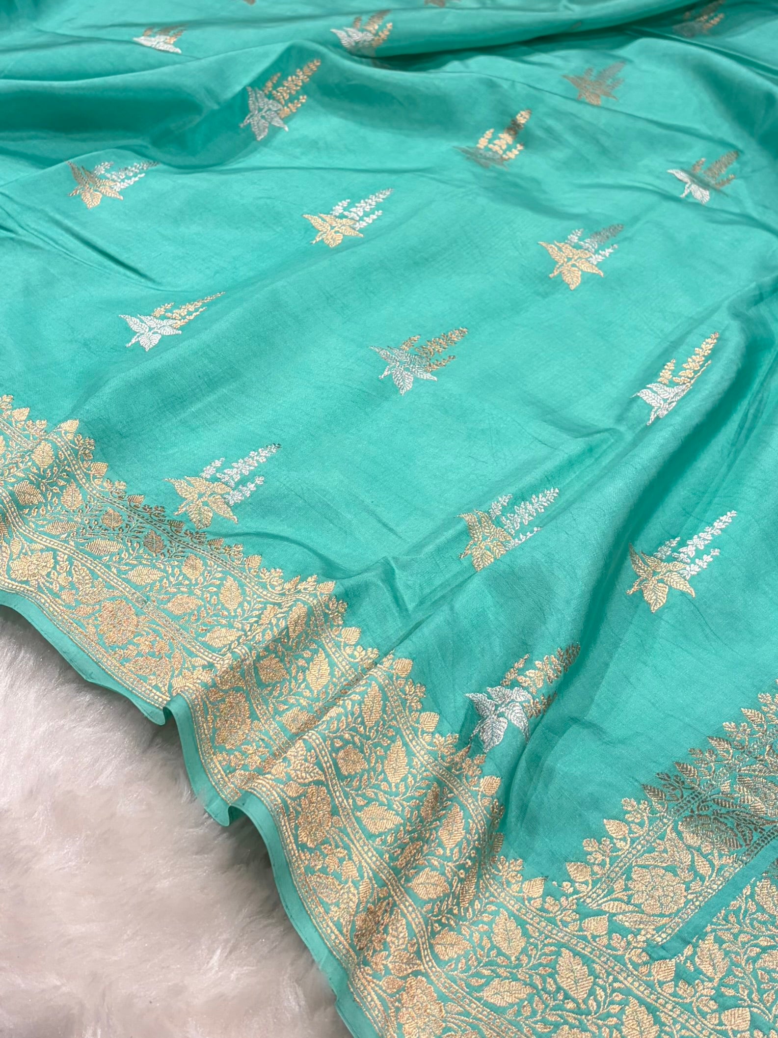 Sea Green Shades Meena Boota Handwoven Pure Katan Paper Silk RM-36