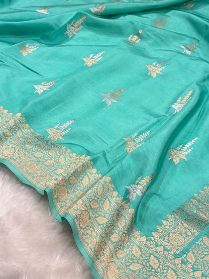 Sea Green Shades Meena Boota Handwoven Pure Katan Paper Silk RM-36