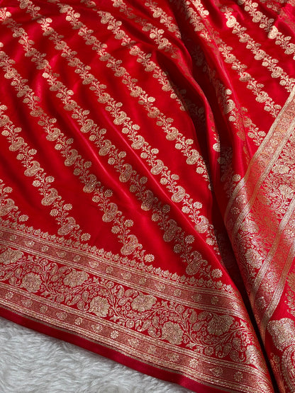 Banarasi Red Shades Cross Pattern Banarasi Satin Silk Saree SS51
