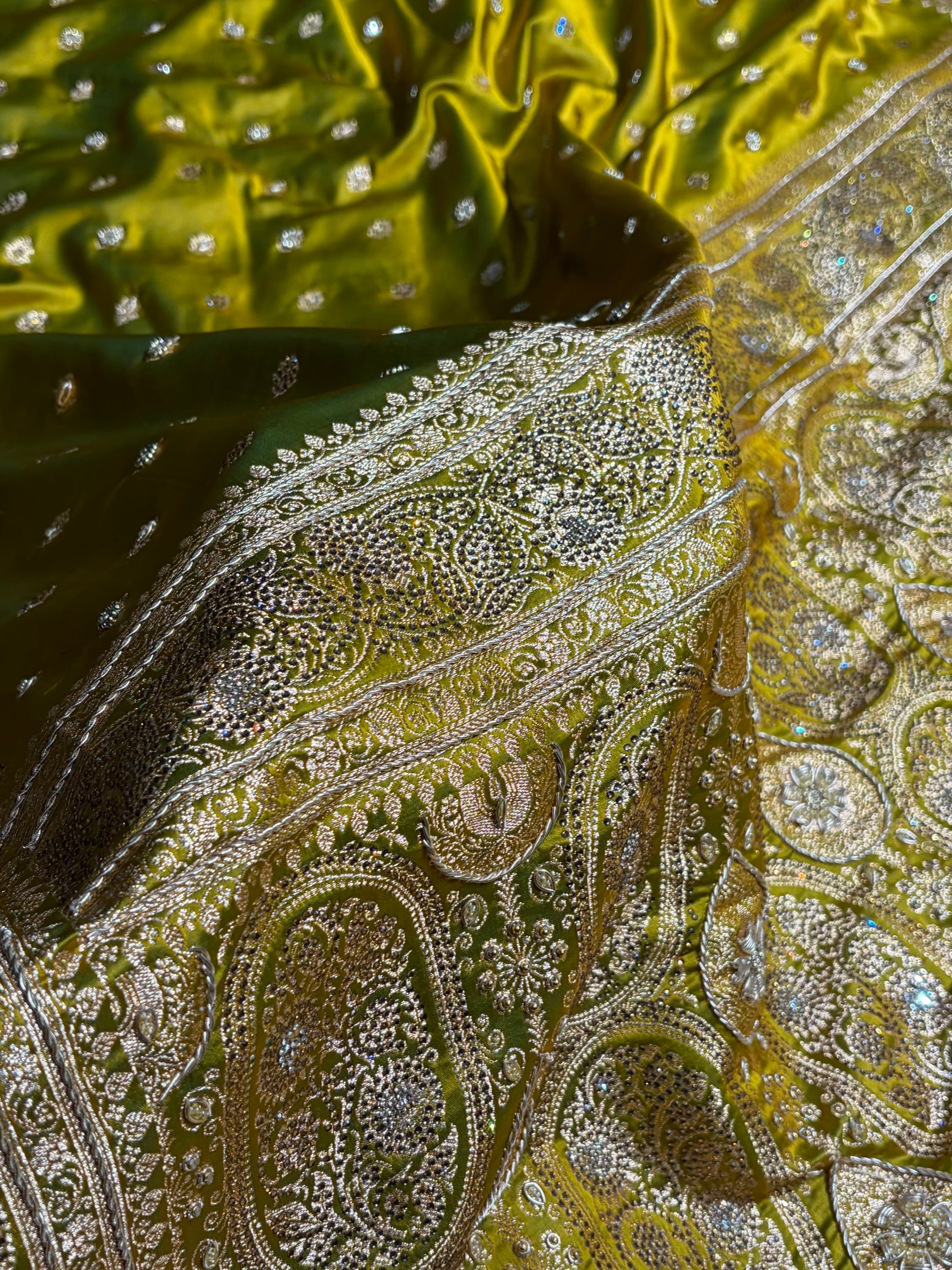 Banarasi Mahndi Booti Pattern With Ari Zardozi Stone Work Satin Katan Silk Saree BSK53