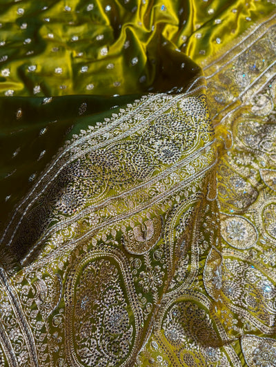 Banarasi Mahndi Booti Pattern With Ari Zardozi Stone Work Satin Katan Silk Saree BSK53