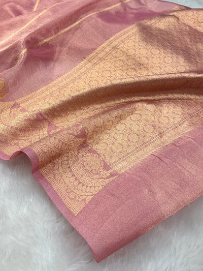 Scallop Baby Pink Floral Shades Pure Tissue Silk Saree PT-48