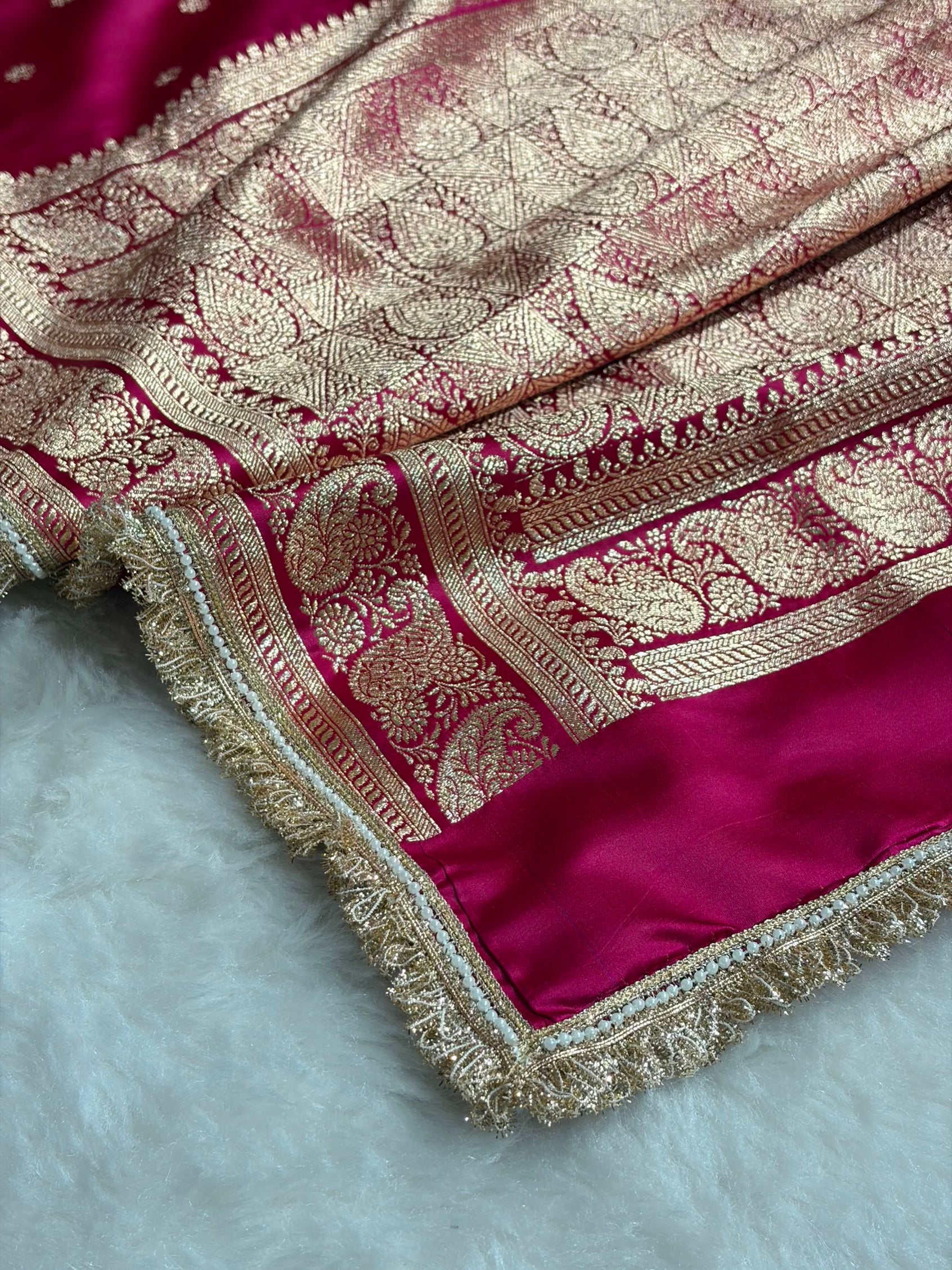 Banarasi Satin Katan Saree With Gotta Patti Boota Pattern in Cross Rani Shades SKGP127