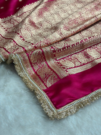 Banarasi Satin Katan Saree With Gotta Patti Boota Pattern in Cross Rani Shades SKGP127