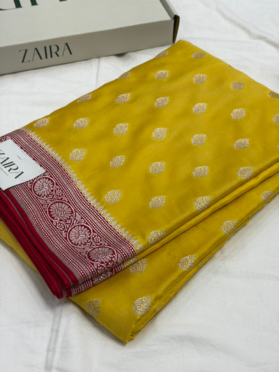 Mustard / Red Contrast Shade With Booti Pattern Mashru Silk Saree