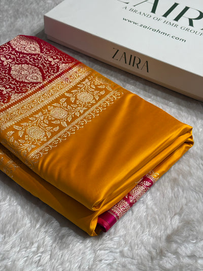 Banarasi Satin Katan Saree Floral Booti Pattern in Contrast Mustard / Rani Shades SK149