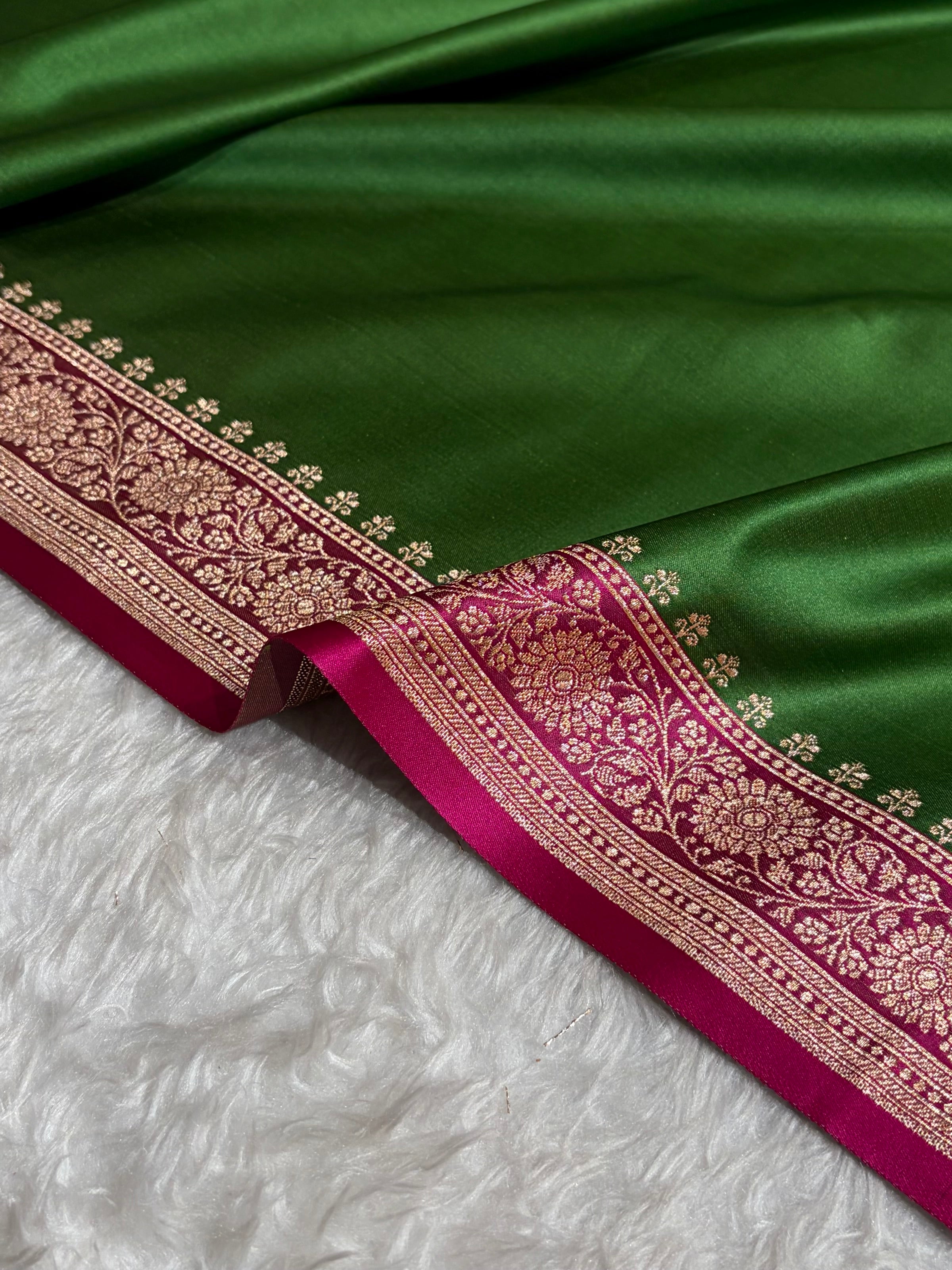 Banarasi Satin Katan Saree in Contrast Dark Green / Rani Shades SK131