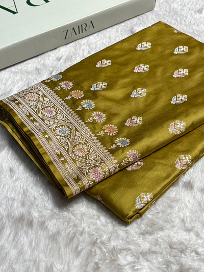 Dusty Mehendi Shades Bananasi Minakari Floral Border Boota Mashru Silk Saree MCS66
