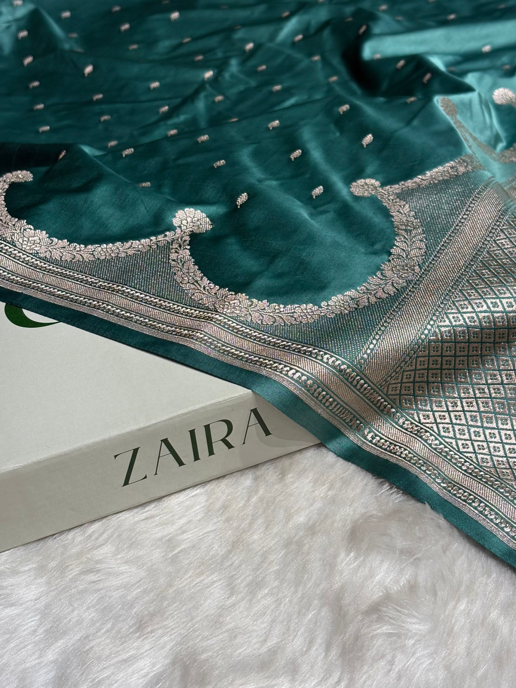 Dusty Sea Green Shades Scallop Booti Mashru Silk Saree MS60