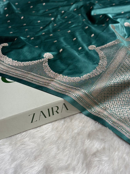 Dusty Sea Green Shades Scallop Booti Mashru Silk Saree MS60