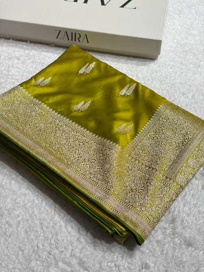Banarasi Floral Booti Pattern in Liril Mahndi Shades Floral Mashru Silk Saree MCS102