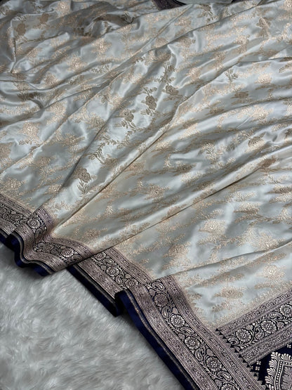 Contrast White with Navy Blue Floral Jaal Mashru Silk Saree  MS28