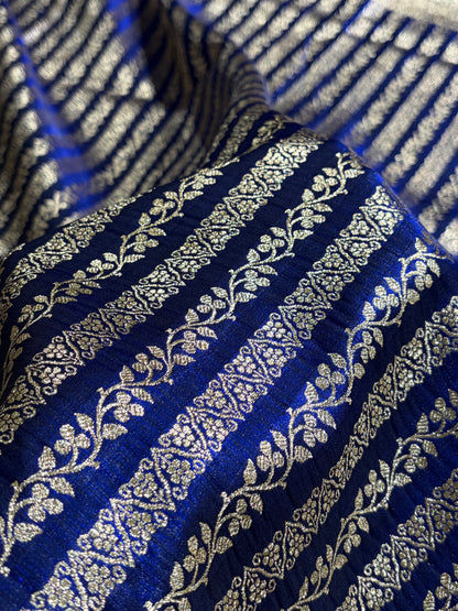 Royal Blue Shades Stripe Pattern Banarasi Satin Silk Saree SS46