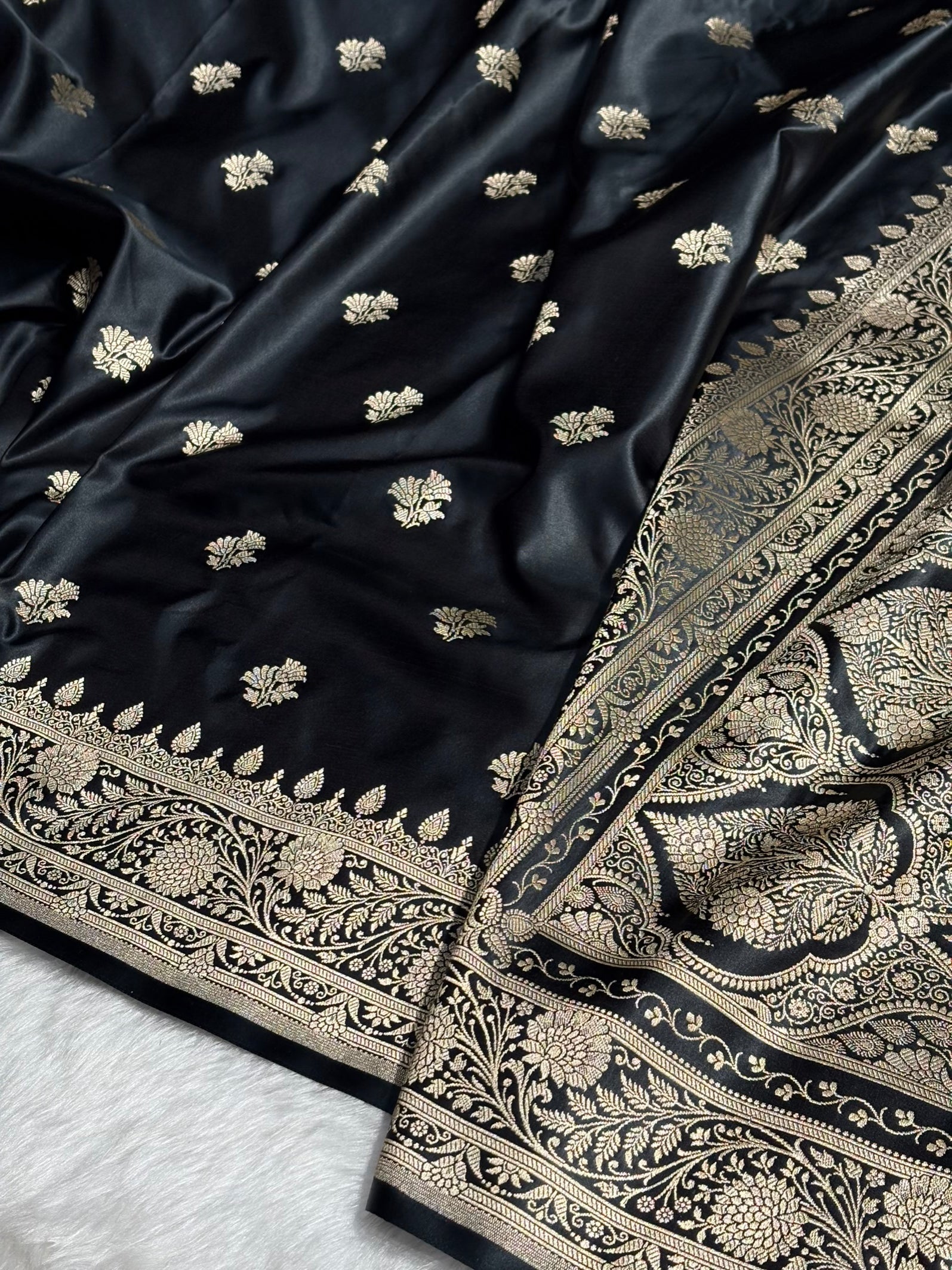 Black Shades Floral Boota Satin Katan Silk saree SK32