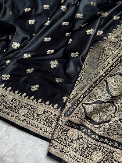 Black Shades Floral Boota Satin Katan Silk saree SK32