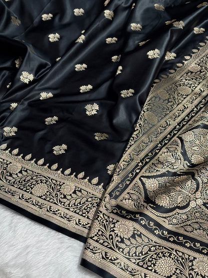 Black Shades Floral Boota Satin Katan Silk saree SK32