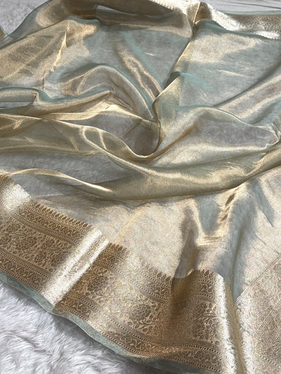Seablue Gold Shades Pure Tissue Silk Saree with Brocade Blouse PT-08