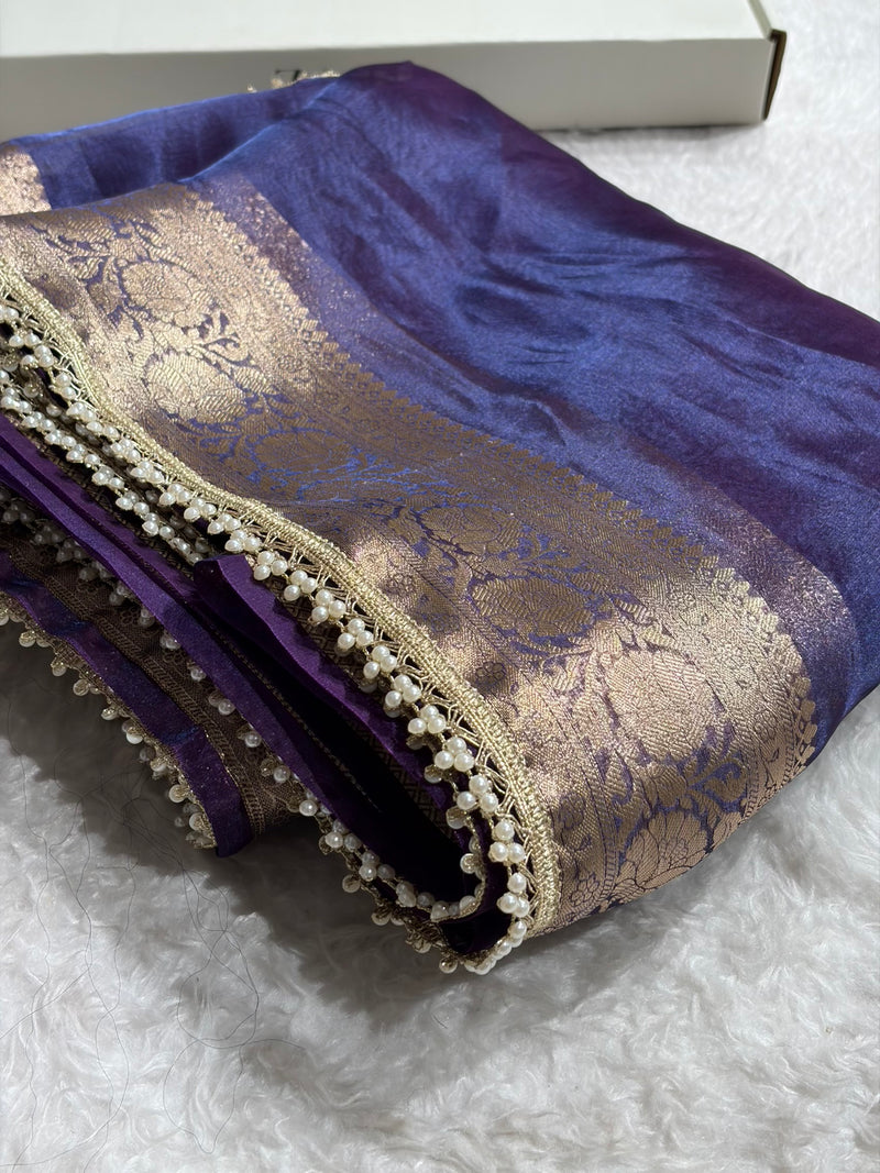 Purplish Navy Shade Pure Tissue Silk Saree with Brocade Blouse And Gotta Patti PTGP-18