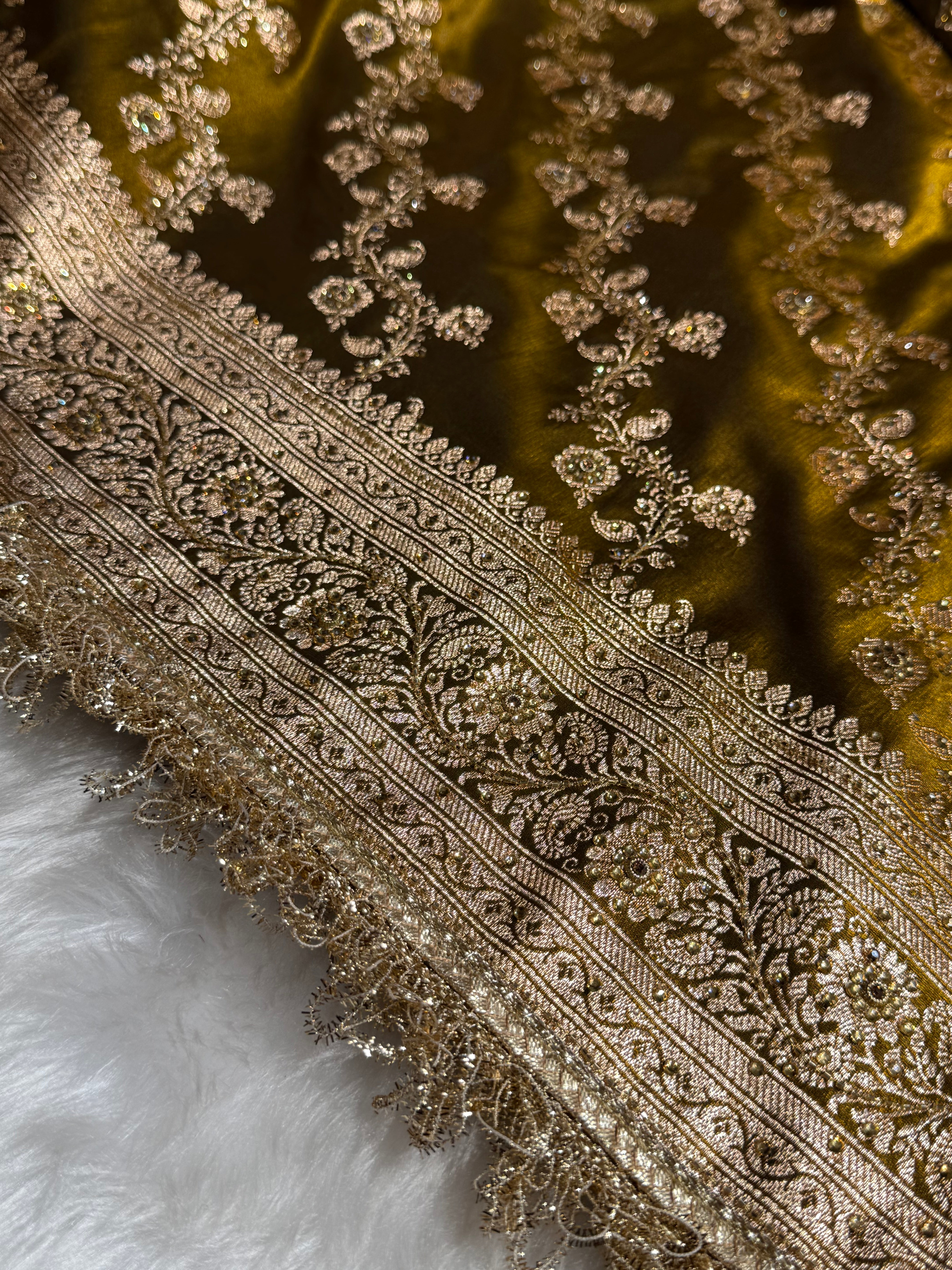 Bridal Mehandi Gold Cross Satin Silk with Ari and Stone work