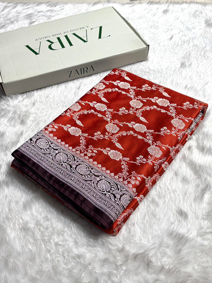 Contrast Orange With Garnet Shades Floral Jaal Pattern Mashru Silk Saree MS76