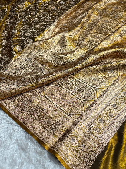 Ultra Light Weight Satin Silk Jaal With Swarovski Work in Mehendi Shades BSS13