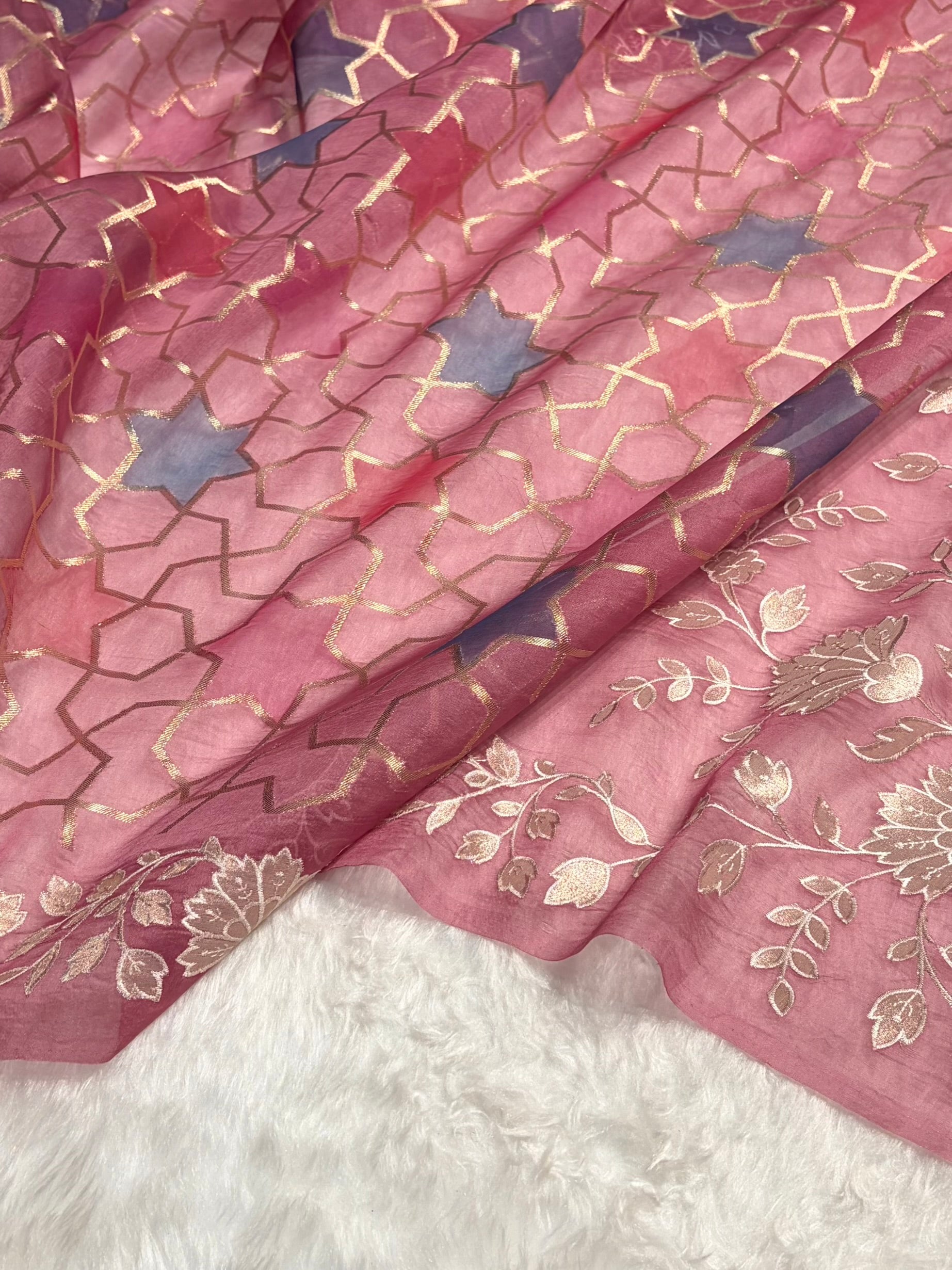 Pure Organza Rangkat Rani Floral Border Banarasi Silk Saree PO-08