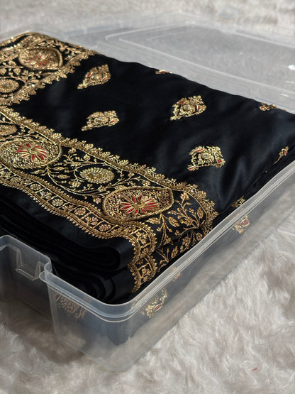 Banarasi Satin Katan Saree With Aari Zardozi Work Boota in Black Shades BSK98