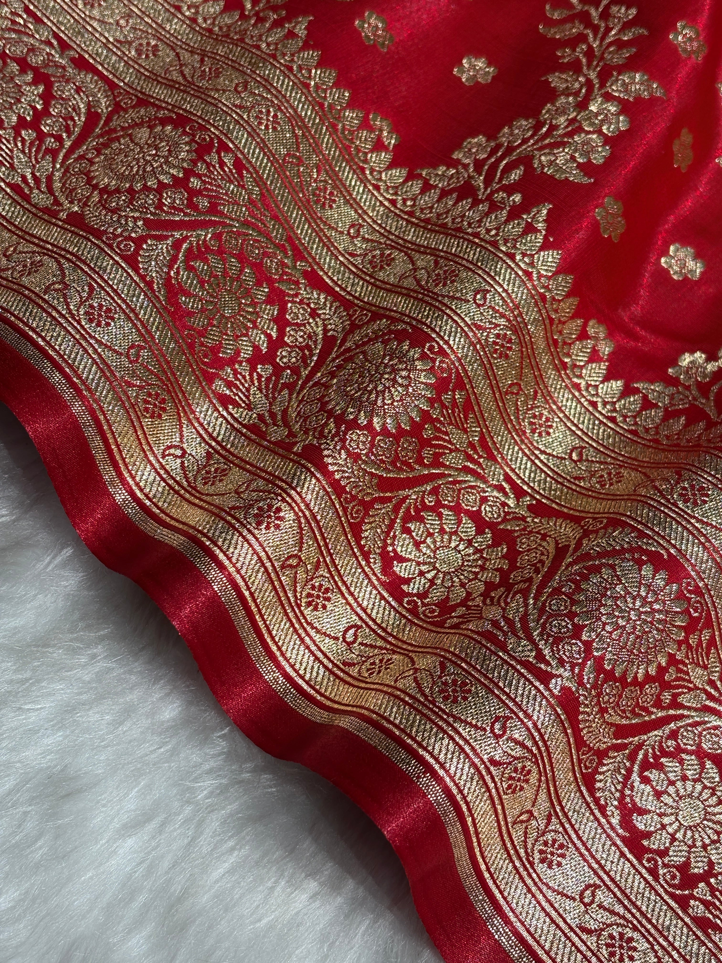 Satin Silk Saree Cross with Booti in Ruby Red Shades SS24