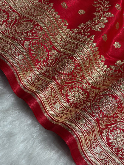 Satin Silk Saree Cross with Booti in Ruby Red Shades SS24