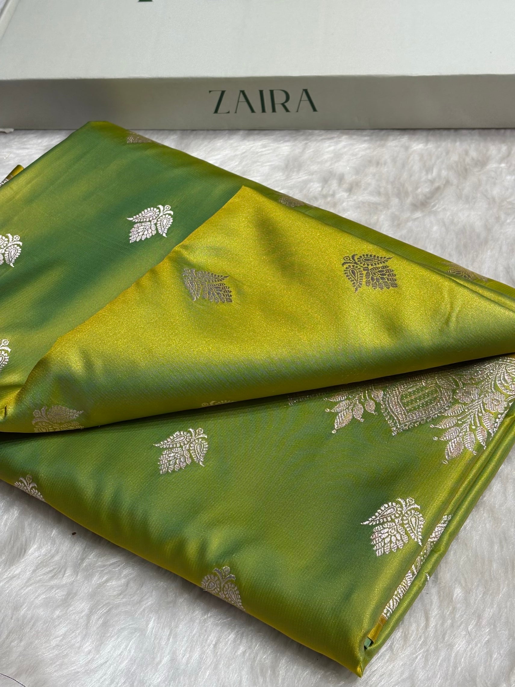 Lemon Pista Floral Boota With Floral Border Mashru Silk Saree MSM-80