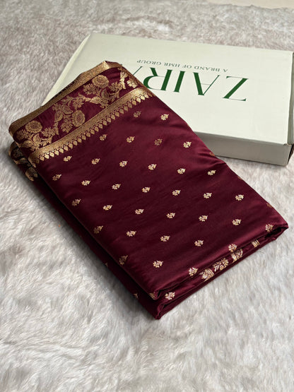 Chocolate Shades Floral Pattern Satin Katan Silk Saree SK77