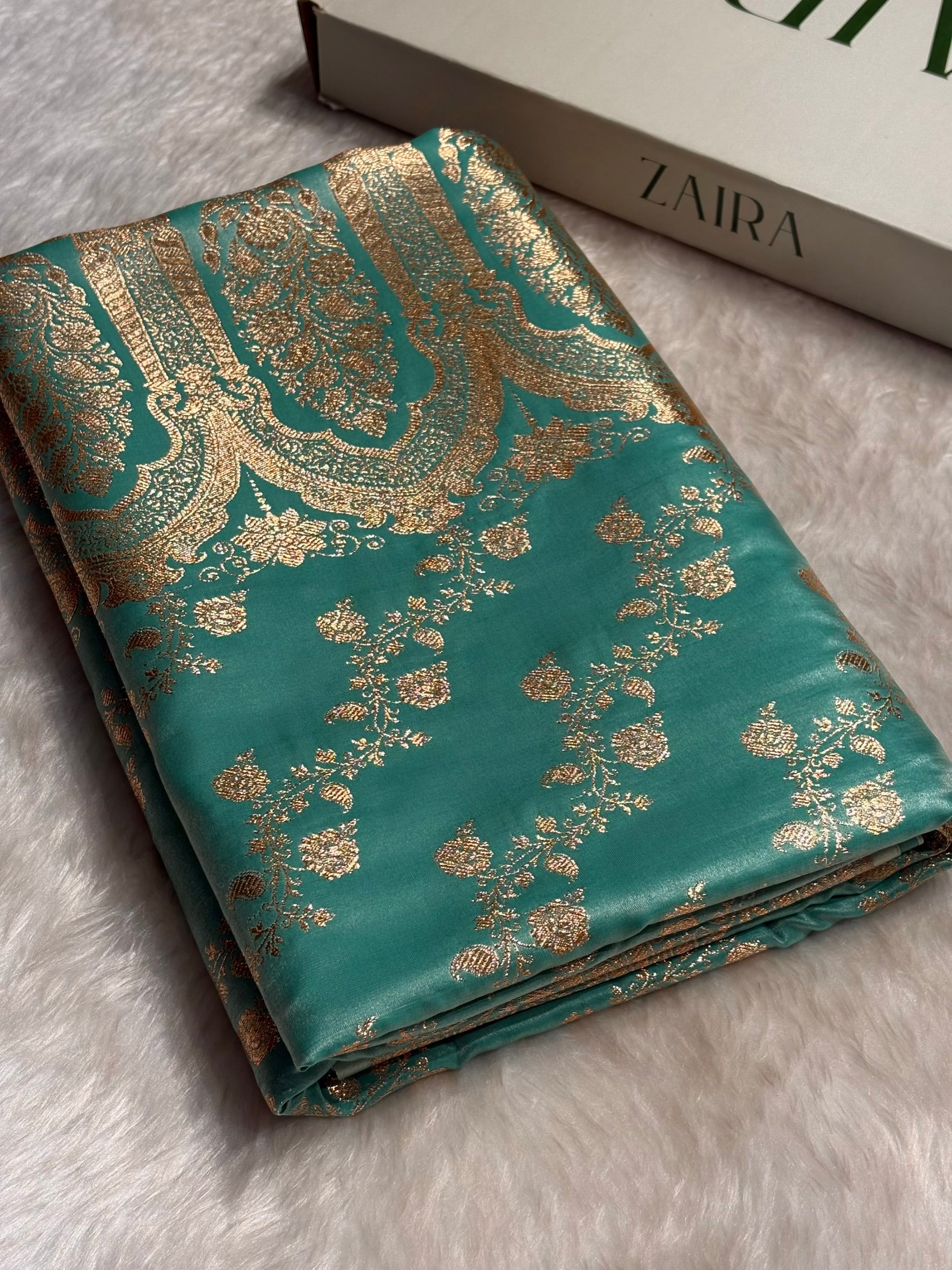 Sea Green Shades Banarasi  Cross Jaal Satin Silk Saree SS11