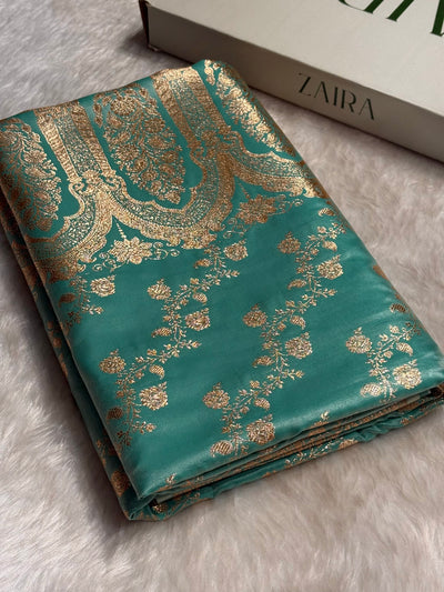 Sea Green Shades Banarasi  Cross Jaal Satin Silk Saree SS11