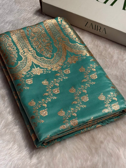 Sea Green Shades Banarasi  Cross Jaal Satin Silk Saree SS11