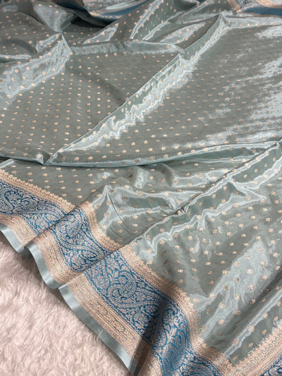 Powder Blue Shades With Contrast Border Crepe Silky Katan Banarasi Saree CSK-05