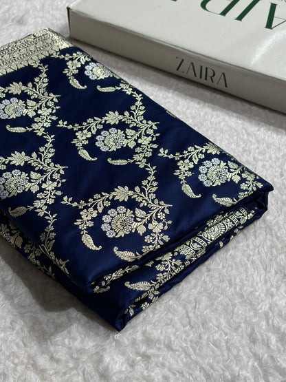 Banarasi Satin Katan Saree With Minakari Jaal Pattern in German Blue Shades SK126