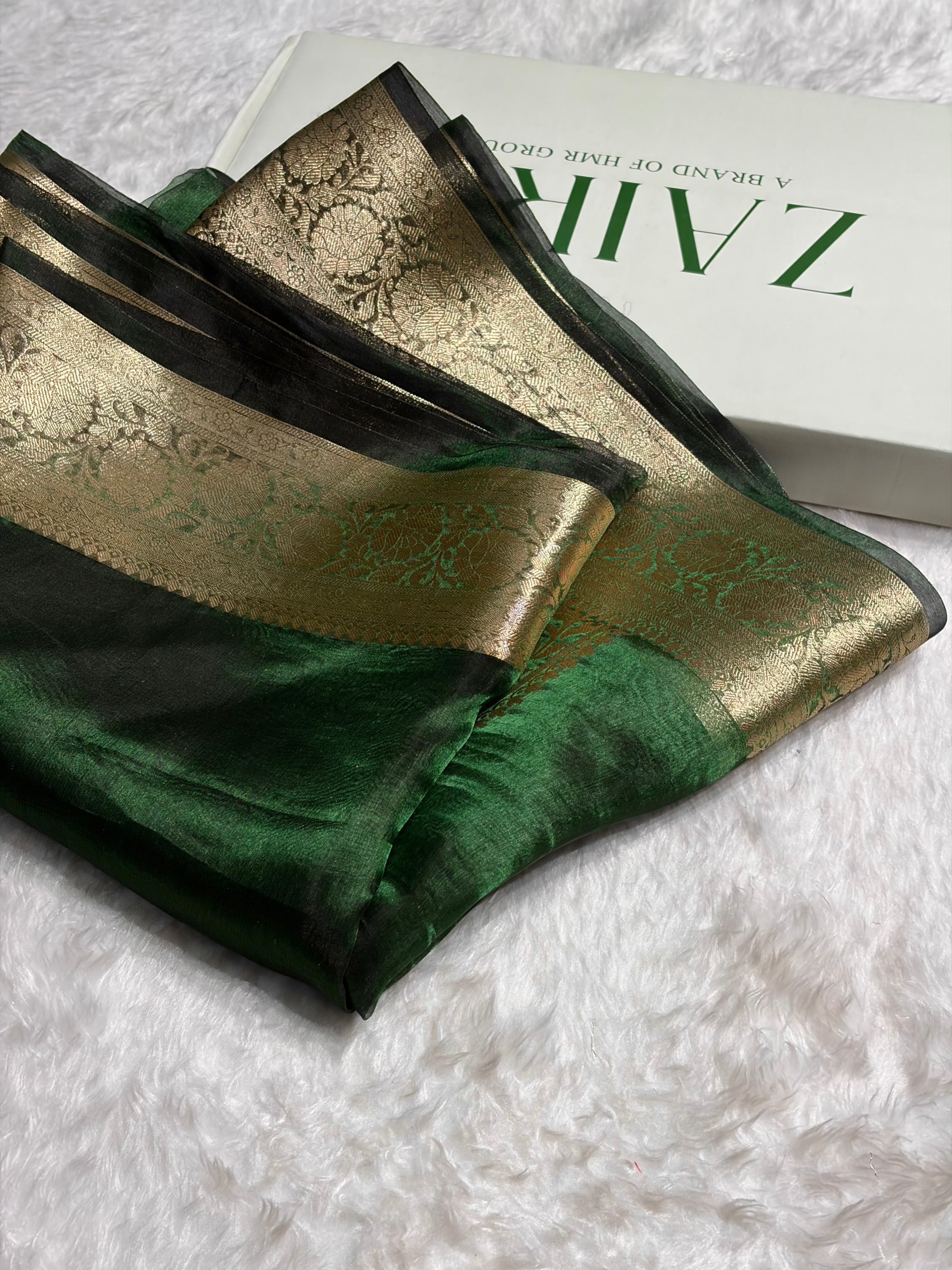 Bottle Green Shade Pure Tissue Silk Saree with Brocade Blouse PT-18