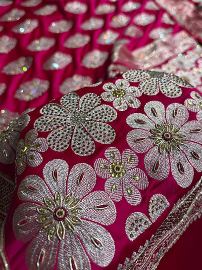 Premium Birdal Banarasi Satin Katan Saree With Swarovski Ari & Zardozi Work Minakari Boota in Rani Shades BSK93