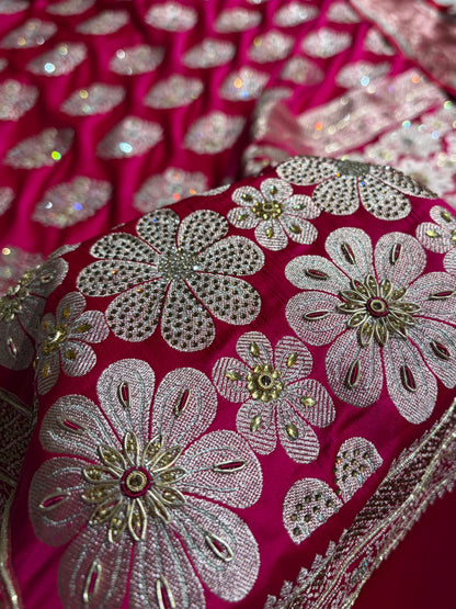 Premium Birdal Banarasi Satin Katan Saree With Swarovski Ari & Zardozi Work Minakari Boota in Rani Shades BSK93