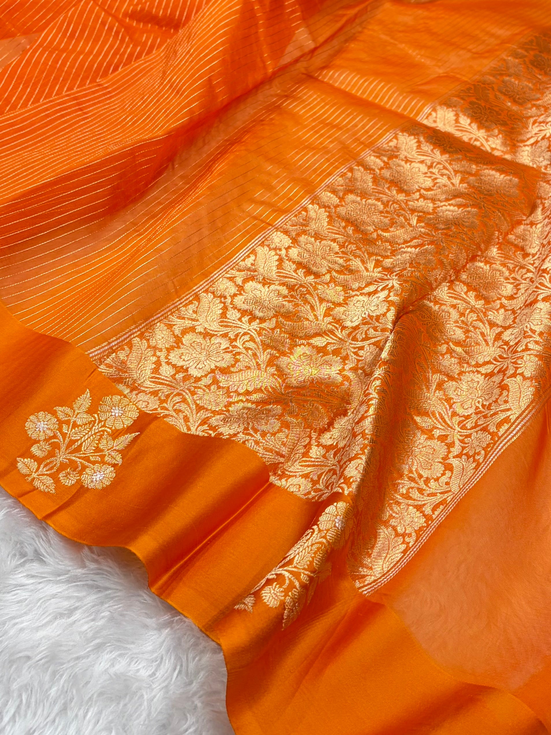 Pure Banarasi Organza Orange Shades With Satin Minakari Border Floral Banarasi Silk Saree PO-22