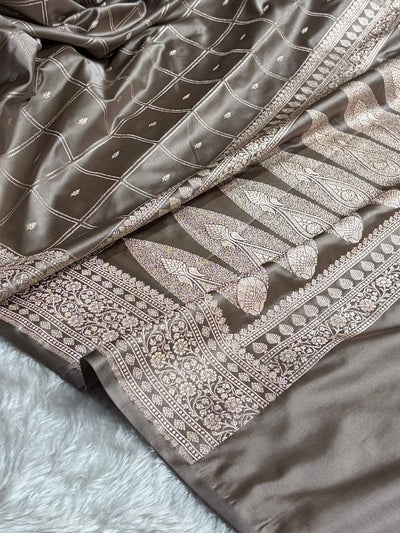 Mouse Grey Shades Banarasi With Floral Border Mashru Silk Saree MSM-124