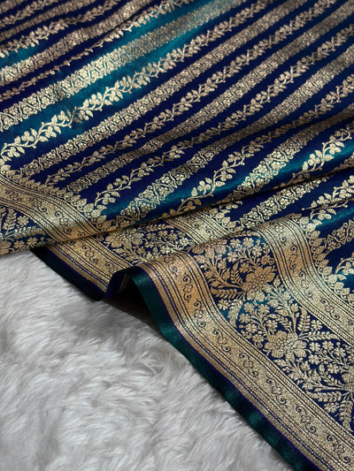 Peacock Shades Stripe Pattern Banarasi Satin Silk Saree SS46