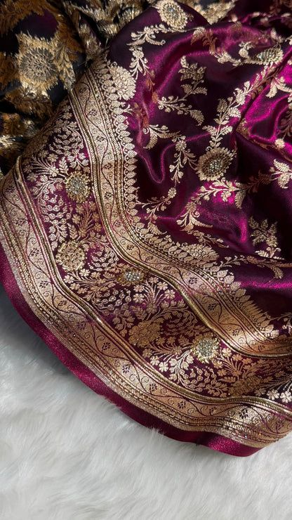 Light Weight Swarovski Work Wine Jaal Pattern Satin Silk Saree BSS14