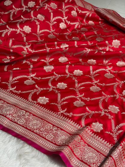 Red Jaal Pattern Satin Katan Silk Saree SK66