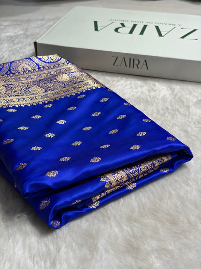 Royal Blue Booti Pattern Satin Katan Silk Saree SK53